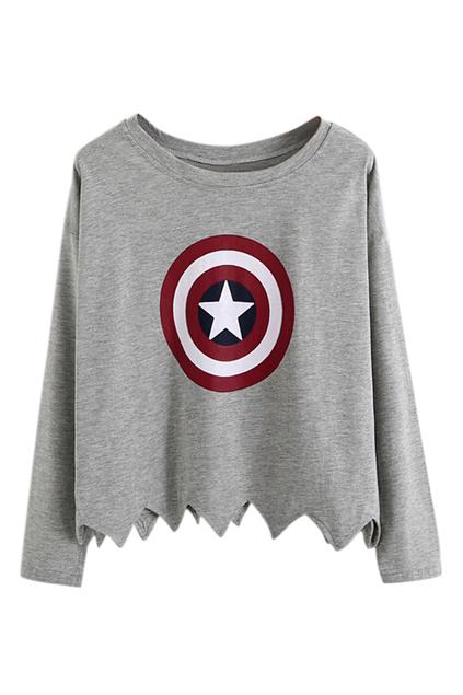 Romwe Circle Star Print Picot Edge Grey Sweatshirt