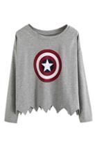Romwe Circle Star Print Picot Edge Grey Sweatshirt