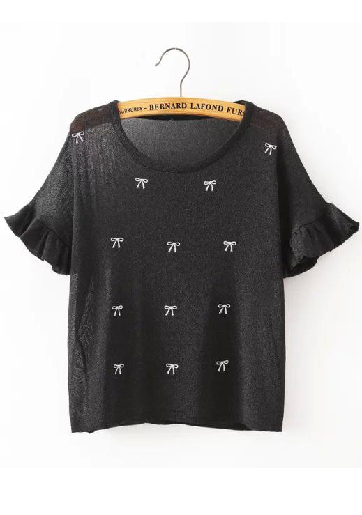 Romwe Butterfly Sleeve Bow Embroidered Black Sweater