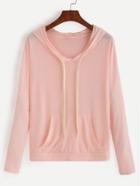 Romwe Pink Drop Shoulder Drawstring Hooded Sweatshirt With Pocket
