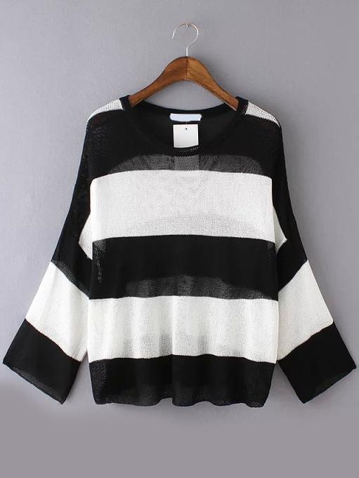 Romwe Long Sleeve Striped Open-knit Black Sweater
