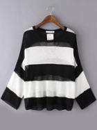 Romwe Long Sleeve Striped Open-knit Black Sweater