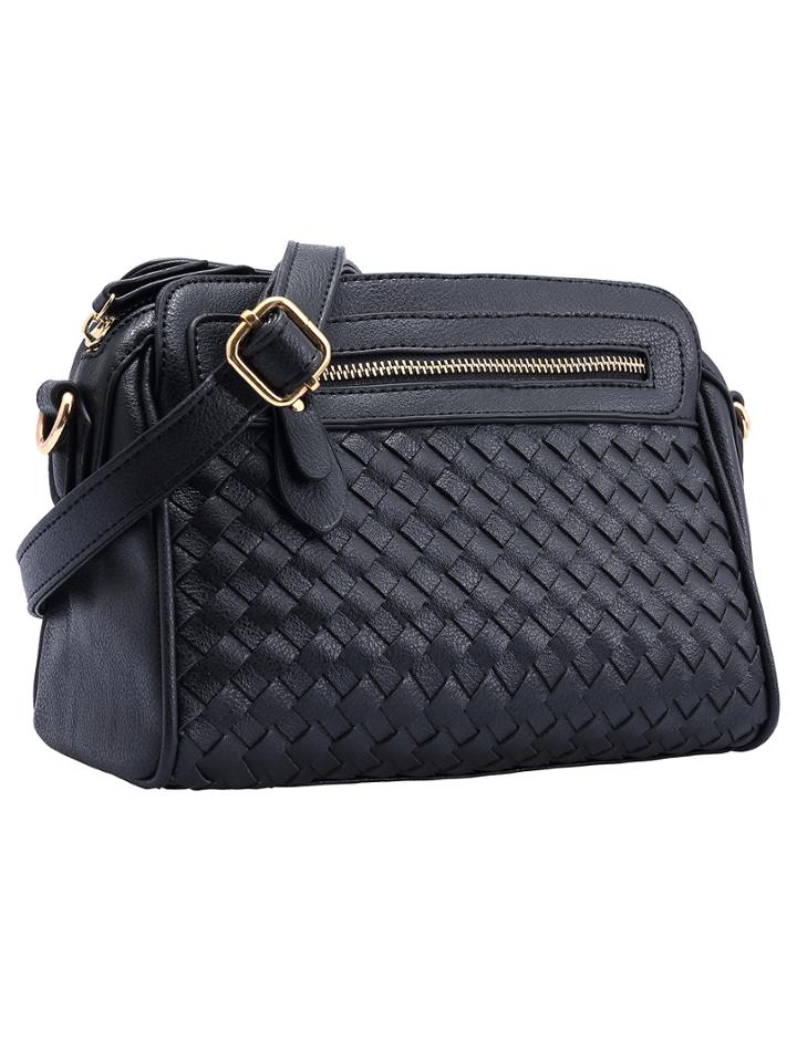 Romwe Black Zipper Plait Chain Shoulder Bag