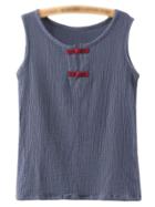 Romwe Blue Round Neck Frog Closure Camis Top