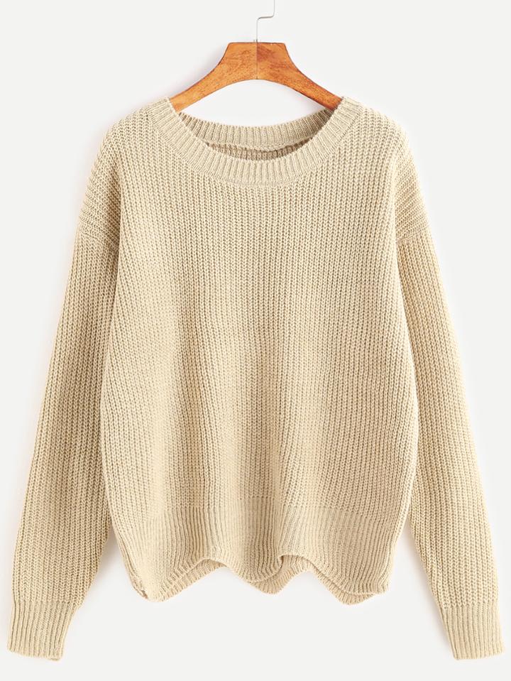 Romwe Light Khaki Dropped Shoulder Seam Wave Hem Sweater