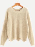 Romwe Light Khaki Dropped Shoulder Seam Wave Hem Sweater