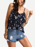 Romwe Tiered Flower Print Pleated Cami