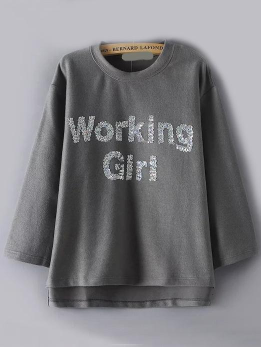 Romwe Letter Pattern Sequined Dip Hem Grey Sweatshirt