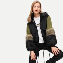 Romwe Faux Fur Detail Hooded Puffer Coat