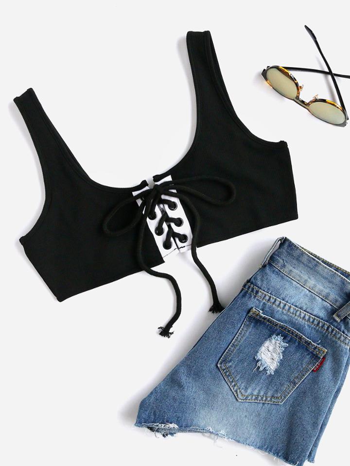 Romwe Grommet Lace Up Ribbed Crop Tank Top