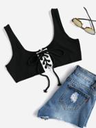 Romwe Grommet Lace Up Ribbed Crop Tank Top