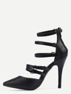 Romwe Buckled Strappy Pointed Toe Pumps - Black
