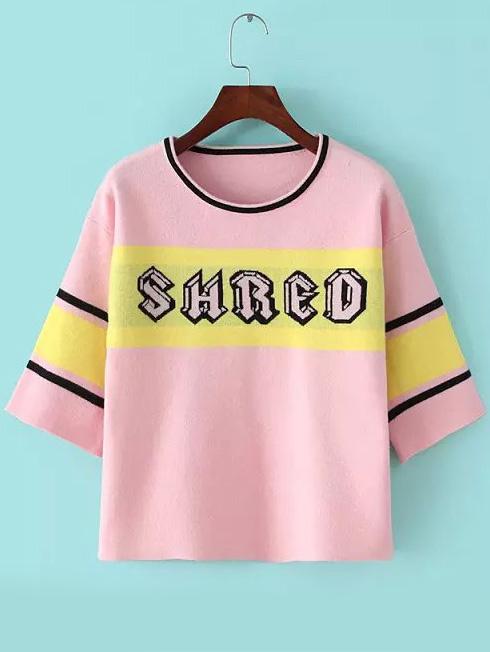 Romwe Letter Print Striped Trim Pink Sweater