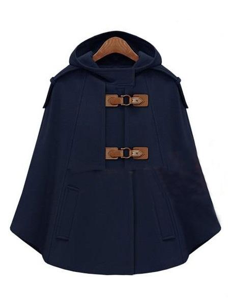 Romwe Navy Hooded Buckle Strap Pockets Cape Coat