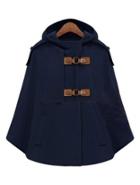 Romwe Navy Hooded Buckle Strap Pockets Cape Coat