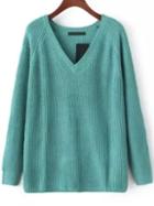 Romwe V Neck Knit Green Sweater