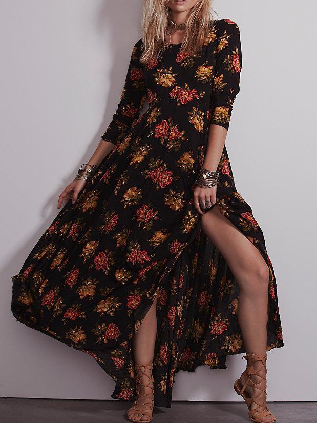 Romwe Long Sleeve Flower Print Maxi Black Dress