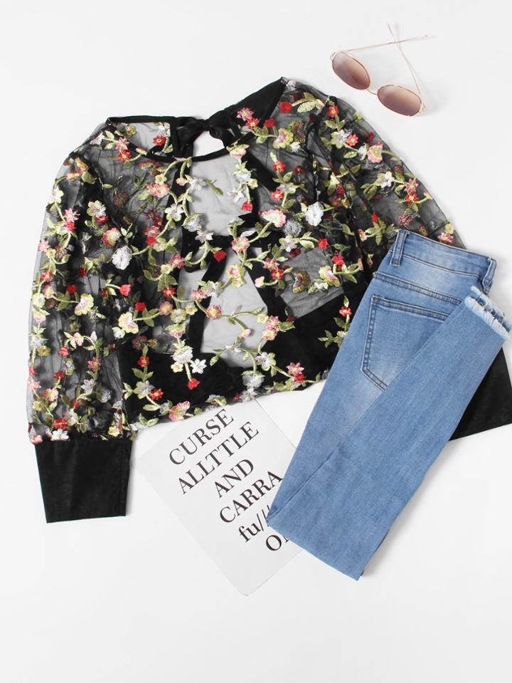 Romwe Floral Embroidered Bow Tie Back Top