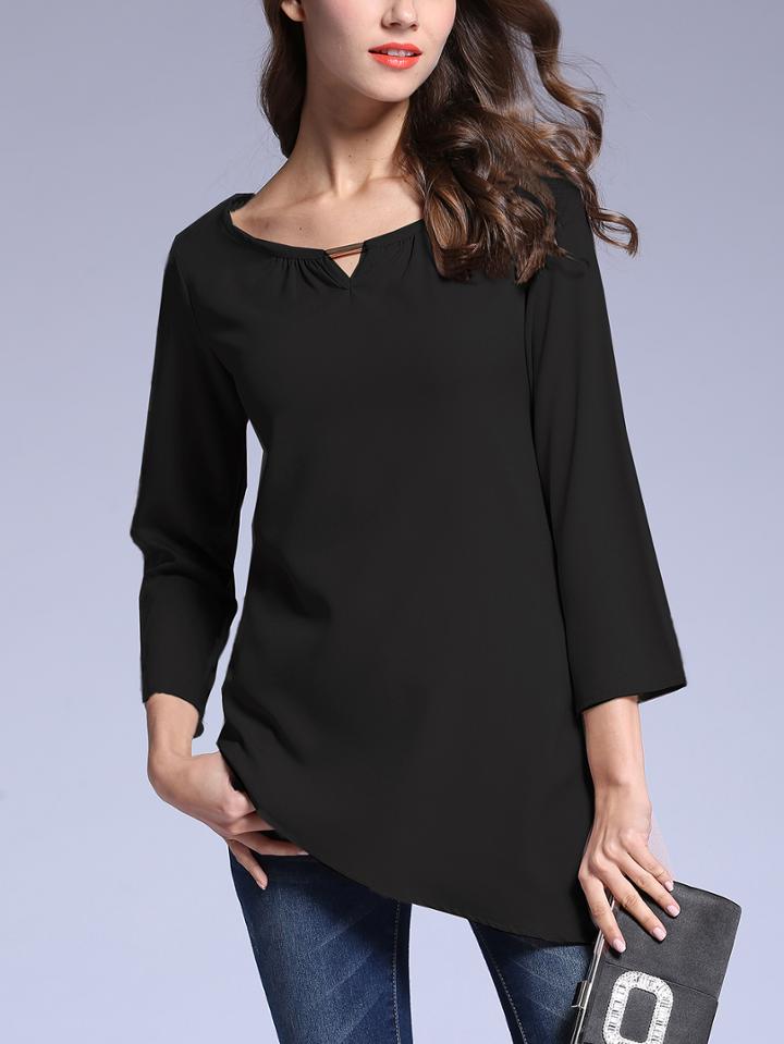 Romwe Black Keyhole Three Quarters Length Sleeve Asymmetrical Blouse