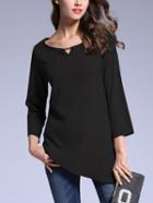 Romwe Black Keyhole Three Quarters Length Sleeve Asymmetrical Blouse