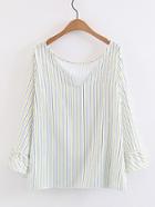 Romwe Bell Sleeve Vertical Striped High Low Blouse