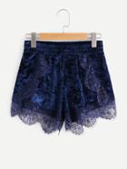 Romwe Eyelash Lace Scalloped Trim Velvet Shorts