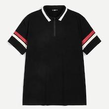 Romwe Guys Zip Half Placket Striped Cuff Polo Shirt
