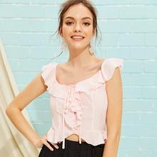 Romwe Tie Front Buttoned Ruffle Trim Top