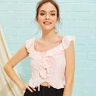 Romwe Tie Front Buttoned Ruffle Trim Top