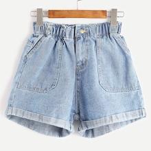 Romwe Plus Rolled Hem Pocket Denim Shorts