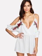 Romwe Plunging Embroidered Applique Frill Trim Top