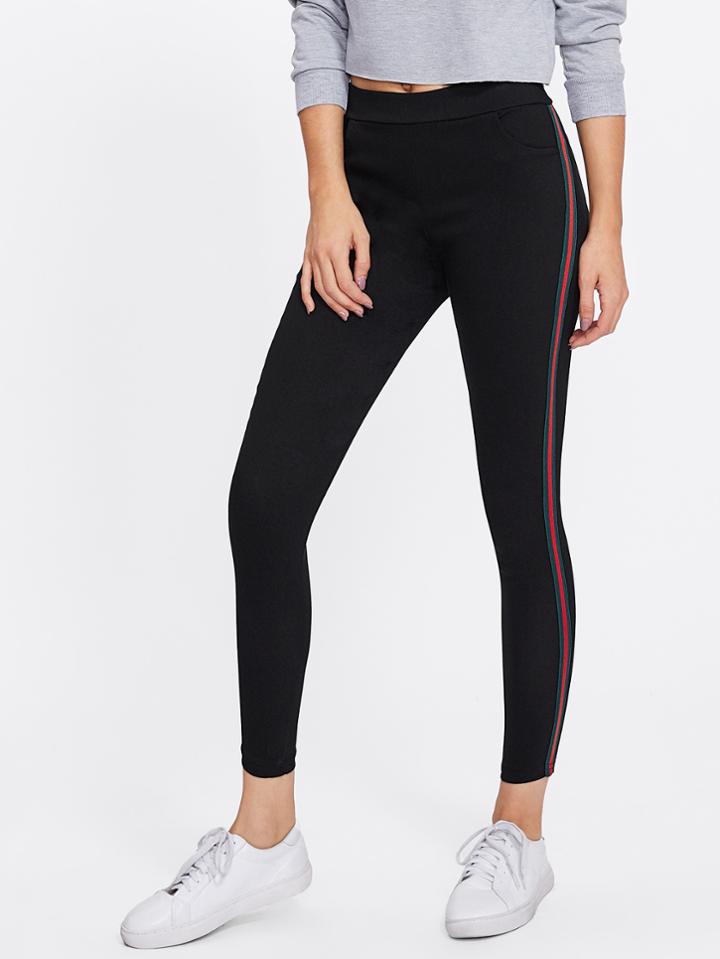 Romwe Contrast Striped Tape Side Leggings