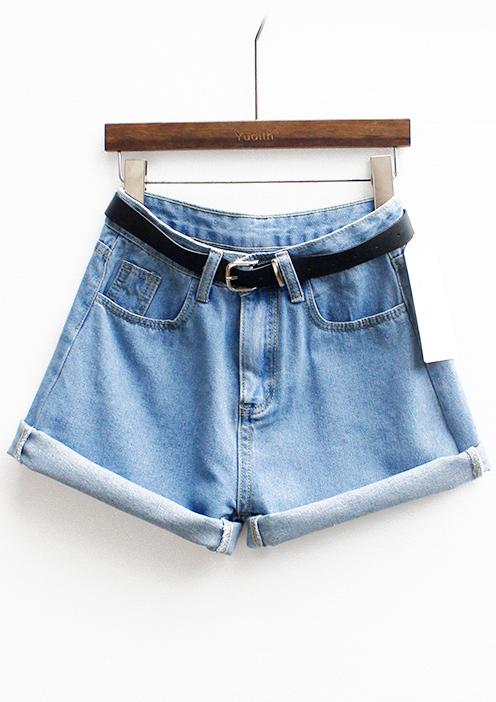 Romwe Cuffed Denim Shorts With Belt