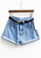 Romwe Cuffed Denim Shorts With Belt