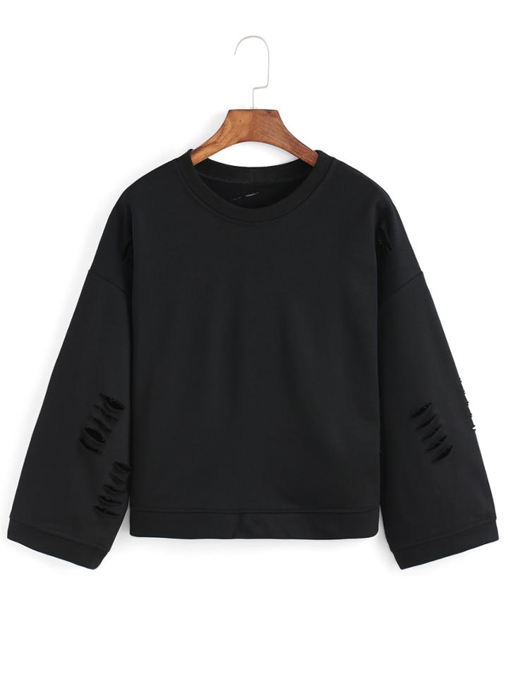 Romwe Ripped Loose Black Sweatshirt
