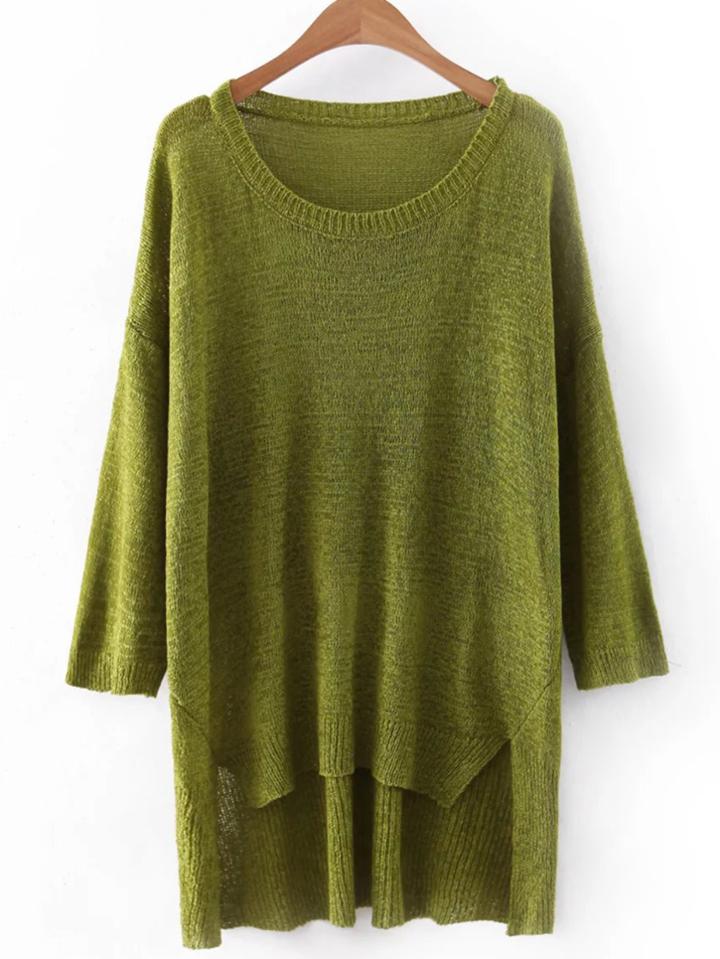 Romwe Green High Low Plain Knitwear