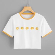 Romwe Floral Print Ringer Crop Tee