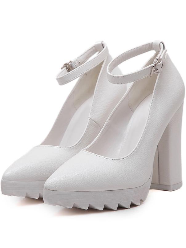 Romwe White Point Toe High Block Heel Ankle Strap Pumps
