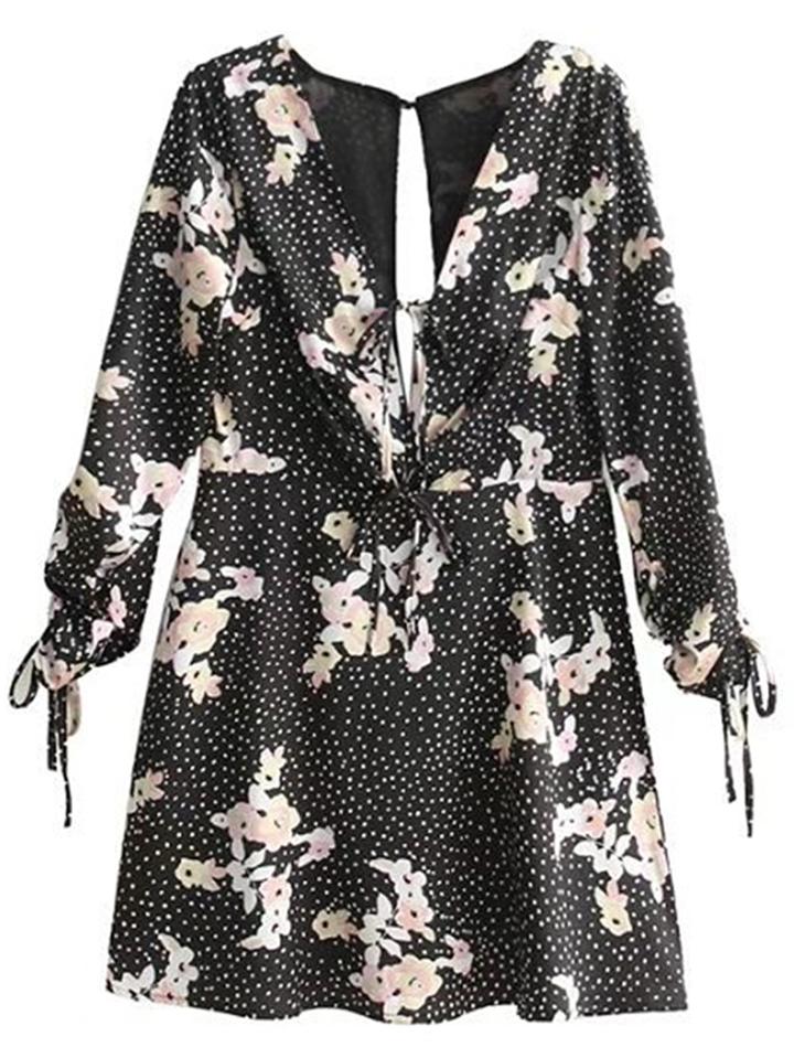 Romwe V-neckline Tie Cuff Chiffon Dress