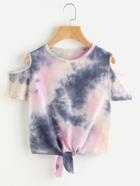 Romwe Open Shoulder Water Color Knot Front Tee