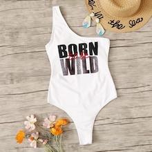 Romwe One Shoulder Letter One Piece Swimsuit