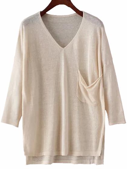 Romwe Apricot Pocket Dip Hem Pullover Sweater