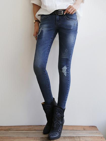 Romwe Navy Slim Bleached Ripped Denim Pant