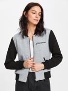 Romwe Two Tone Embroidered Textured Bomber Jacket