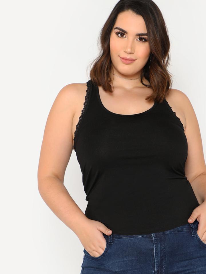 Romwe Scoop Neck Lace Trim Tank Top