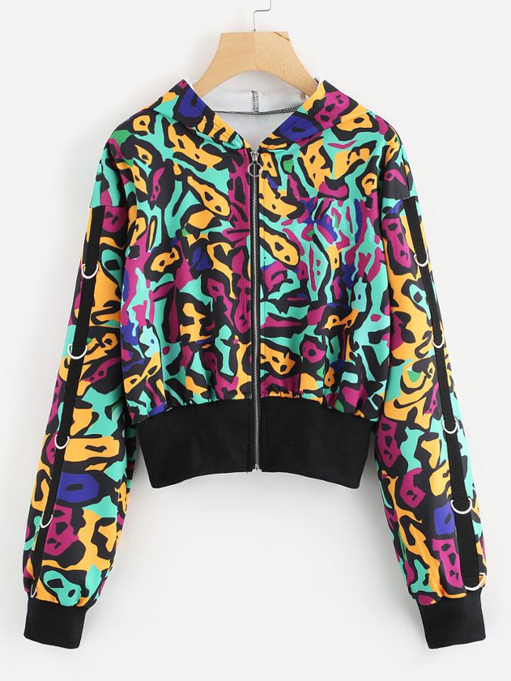 Romwe Tape Sleeve Painted Zip Up Jacket