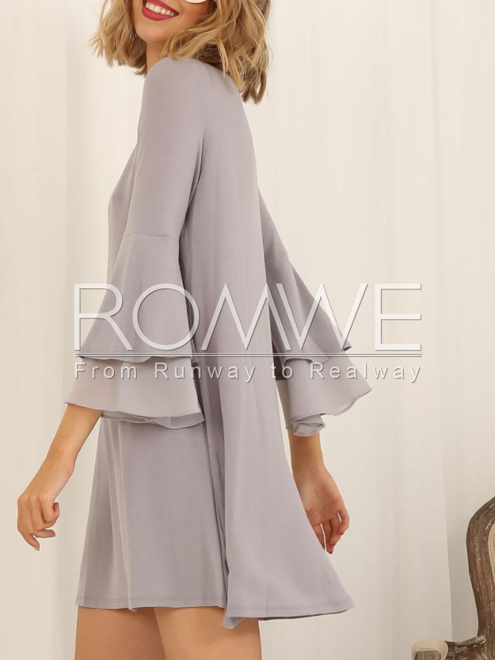 Romwe Grey Concert Round Neck Ruffle Dress
