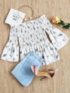 Romwe Bardot Floral Print Frill Trim Shirred Top