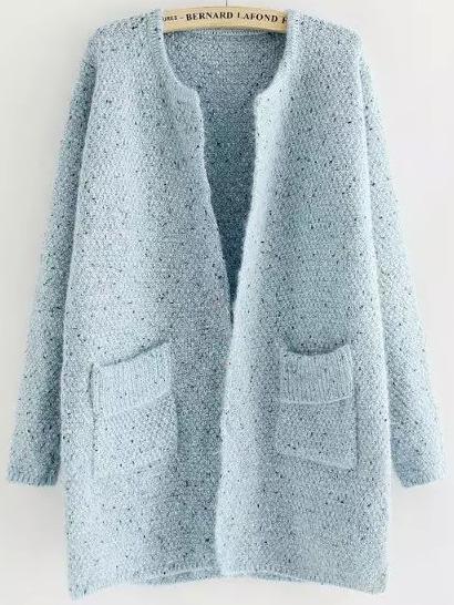 Romwe Pockets Long Pale Blue Coat