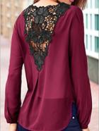 Romwe Red Long Sleeve Lace Back Chiffon Blouse